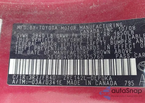 2009 Toyota Corolla Le из США, поврежденный, VIN 2T1BU40E79C125760